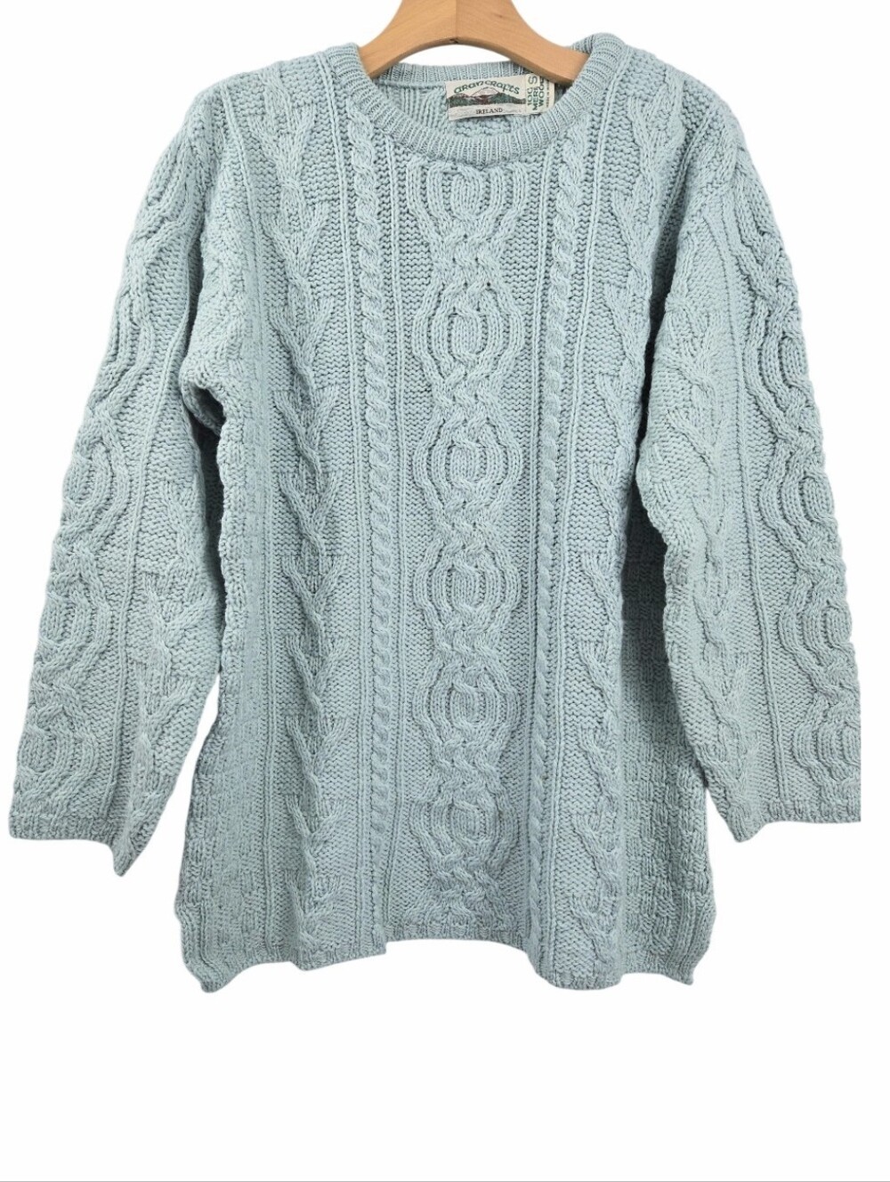 Aran Crafts Ireland Sweater‎ Merino Wool Cable Knit Crewneck Light Blue